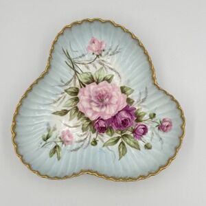 VTG Hand Painted Porcelain Dish Floral Pink Roses Gold Trim Signed Scallop Tray